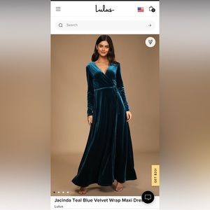 Jacinda Teal Blue Velvet Wrap Maxi Dress